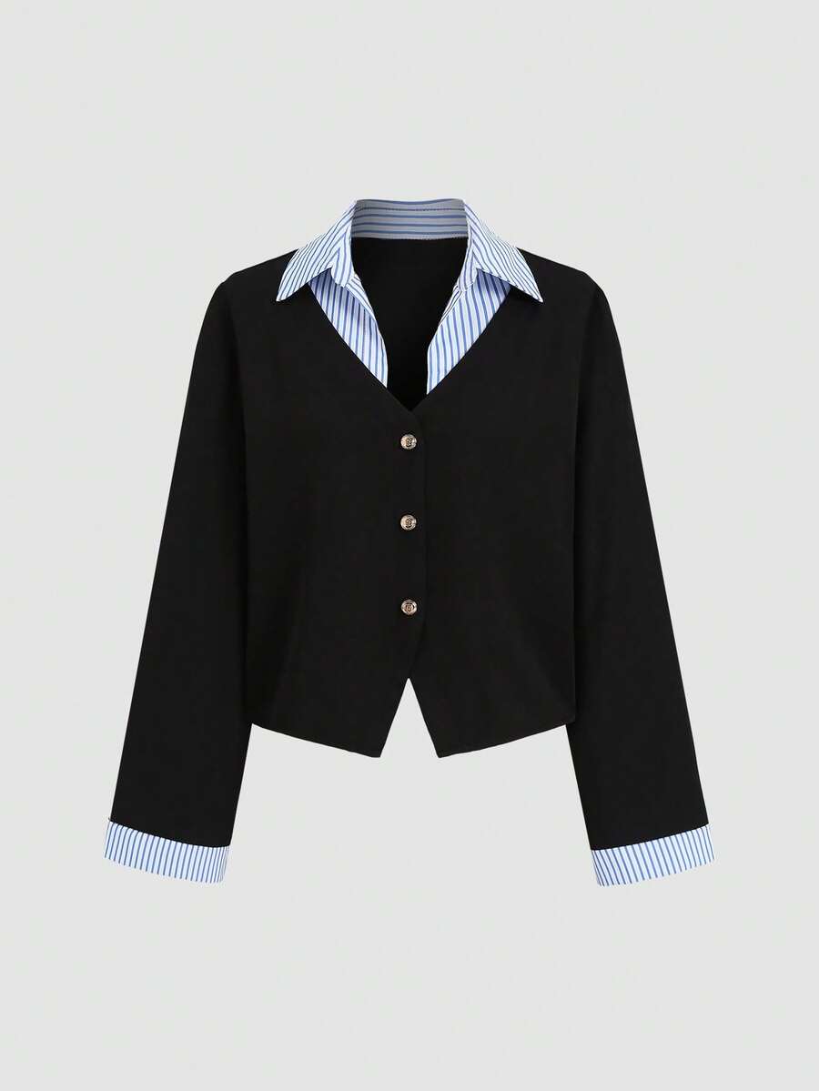 Sweetra Women's Sweet Elegant Commute Preppy Style Striped Patchwork 2 In 1 Jacket - Black - View 1