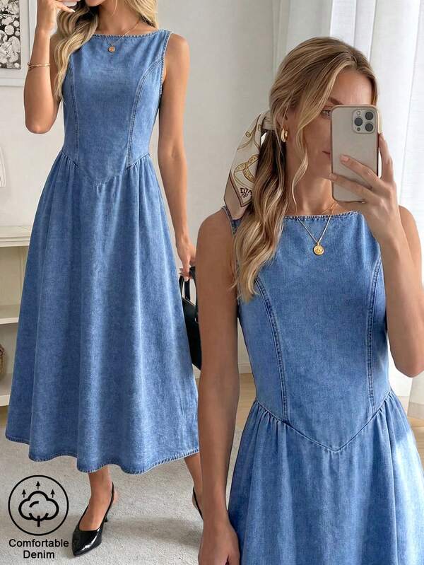 Easowa Damska letnia casualowa sukienka jeansowa bez rękawów, elegancka, wygodna, do pracy, formalna, luksusowa, na imprezę i randkę, lato, zima, urocza