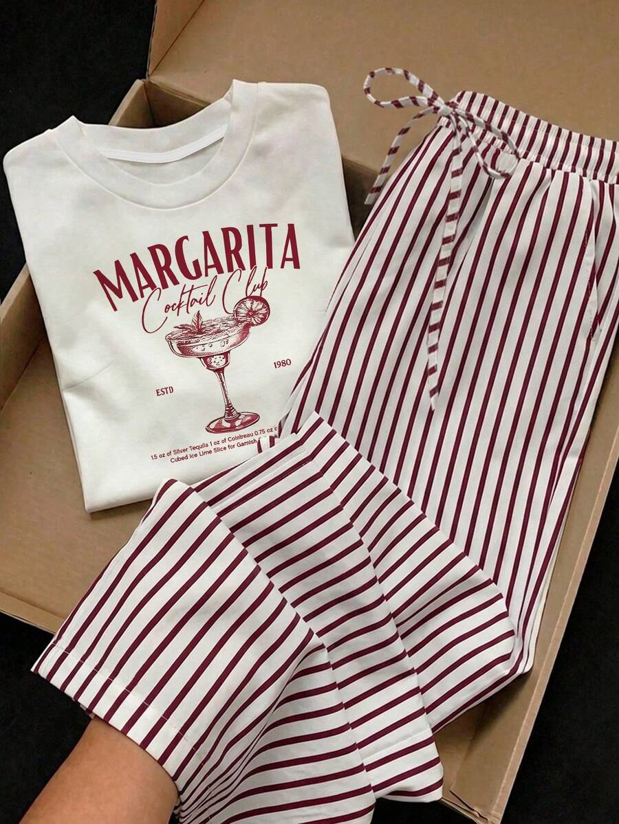 Comfortcana 2件組女款大尺碼休閒度假套裝,白色紅酒杯圖案T恤搭配酒紅色條紋字母印花長褲,適合萬聖節 - 彩色 - 查看 1