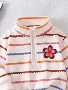 SHEIN Vintaside Kids 女嬰 2 件套，時尚可愛彩色條紋花卉仿刺繡效果印花立領拉鍊長袖運動衫外套上衣，彩色條紋花卉印花寬腿褲，柔軟面料，適合外出，秋冬季 - 彩色 - 查看 7