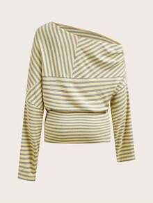 SHEIN EZwear 女款黃灰色條紋針織不對稱肩薄款運動衫，適合初秋，百搭 - 彩色 - 查看 11