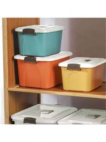 1pc Five Optional Sizes Heavy Duty Plastic Storage Bins With White Lids Side Handles Space Saving Stable Multi Functional Three Color Storage Organizer Box For Clothes Blankets Bedroom Living Room Closet Dorm Household Four Seasons Storage - View 5