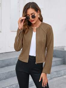 Editum Chaqueta de unicolor con cremallera delantera para otoño/invierno - Marrón - Ver 3