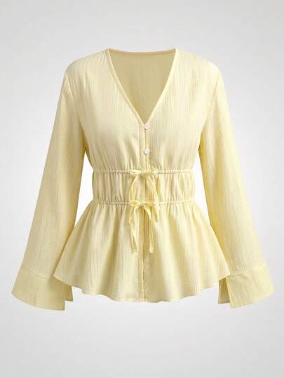 Teen Girls Autumn/Winter Light Yellow V-Neck Long Sleeve Blouse, Single-Breasted Placket, Double-Tie Waist, Flared Hem, Minimalist Straight Long Sleeve, Soft Pastel Tone, Fresh Silhouette For A Gentle And Sweet Look
