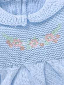 SHEIN 粉色嬰兒針織連身衣套裝，精緻刺繡彼得潘領，連腳連身衣 3 件組，帽子 + 針織毯，新生兒套裝 - 淺藍色 - 查看 4