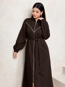 Graceveil Women's Autumn And Winter Outfit Simple Daily Solid Color Stand Collar Front Zipper Lantern Sleeves With Belt Long Abaya Robe Dress - Coffee Brown - View 4