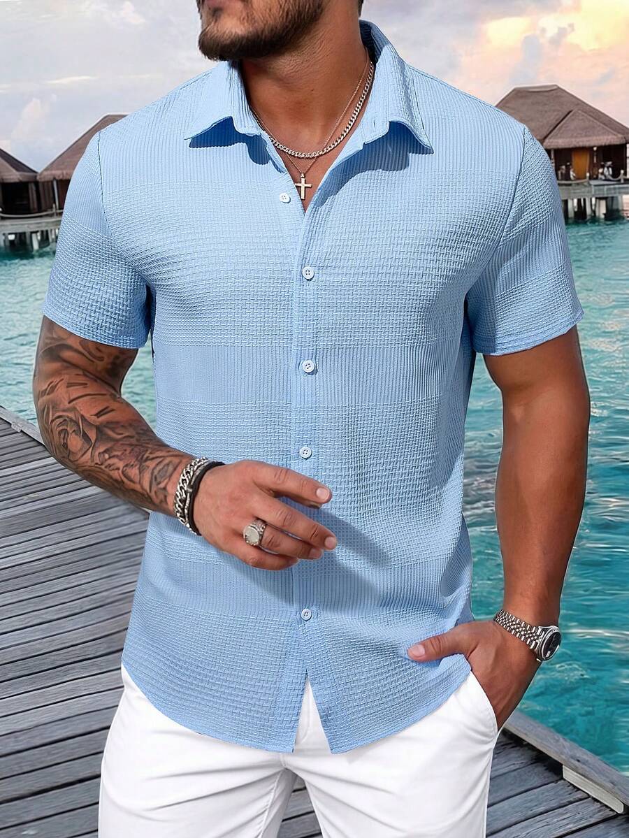 Manfinity Homme Men's Textured Plus Size Single-Breasted Short Sleeve Vacation Shirt - Blue - View 1