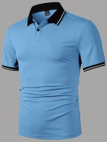 Manfinity Homme Camisa polo de manga corta con media tapeta de botones y bloques de color a rayas para hombre - Azul - Ver 4