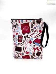 1PC Washable Multifunctional Zippered Book Cover Sleeve Vintage Book Coffee Cup Print Girly Stationery Glasses Bow Watch Heart Pattern Portable Protective Storage Bag For Students Teachers Book Lovers - Single Piece - View 4
