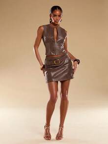 Avantive Women's PU Leather Fashion Versatile Daily Wear Club Night Out Top Grey Autumn Sexy - Brown - View 6