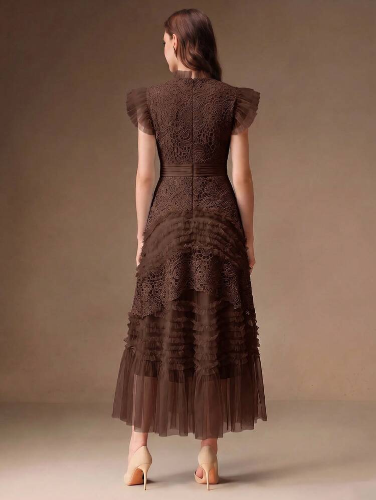 Anewsta Women's Elegant Round Neck Hollow Embroidery Water-Soluble Lace Cinched Waist Flared Hem Ruffle Short Sleeve Dress, Formal Chic Suitable For Work Graduation Party Wedding - Coffee - View 7