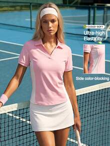 CourtClass CourtClass 女款時尚粉白配色夏季運動休閒網球衫，V領修身短袖 Polo 衫，適合高爾夫、跑步、瑜珈、運動健身上衣 - 淺粉色 - 查看 1