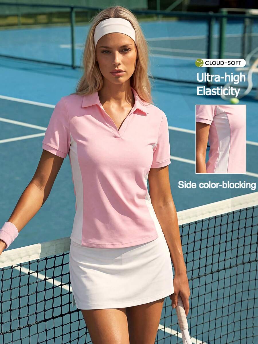 CourtClass CourtClass 女款時尚粉白配色夏季運動休閒網球衫,V領修身短袖 Polo 衫,適合高爾夫、跑步、瑜珈、運動健身上衣 - 淺粉色 - 查看 1
