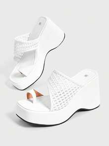 Sugerpunk Ladies, Spike Buckles, Lame-Heeled Platform Sandals. - White - View 6