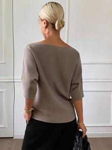 Livesso Petite Women's Solid Color Casual Versatile Daily Knit Top - Khaki - View 2