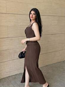 Modelyn Women's Striped Square Neck Single-Breasted Vest And Side Slit Skirt Elegant 2 Pieces Set - Coffee Brown - View 4