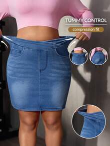 Flexra Plus Size Women's Fall Summer Casual Criss-Cross Waist Elastic Denim Mini Skirt Waist Corset Buttock Lift Sportswear Work Outfits For Women - Medium Wash - View 12