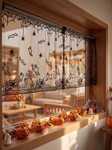Pack Of 1, Grid Yarn Embroidery Ghost Pattern Small Gauze Curtain, Partition Coffee Curtain, Door Curtain, Halloween Decoration - Black - View 4