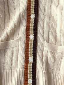 SHEIN Teen Girls Fashion Mid-Length Knit Cardigan, Contrast Color Striped Decor Cable Knit Sweater Jacket, Autumn/Winter Casual Style - Khaki - View 3