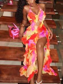 SHEIN SXY Summer Beach Colorful Printed Backless Spaghetti Strap Ruffle Hem Dress,Sundress - Multicolor - View 1