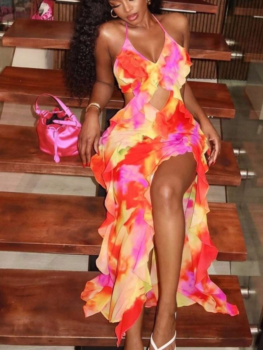 SHEIN SXY Summer Beach Colorful Printed Backless Spaghetti Strap Ruffle Hem Dress,Sundress - Multicolor - View 1