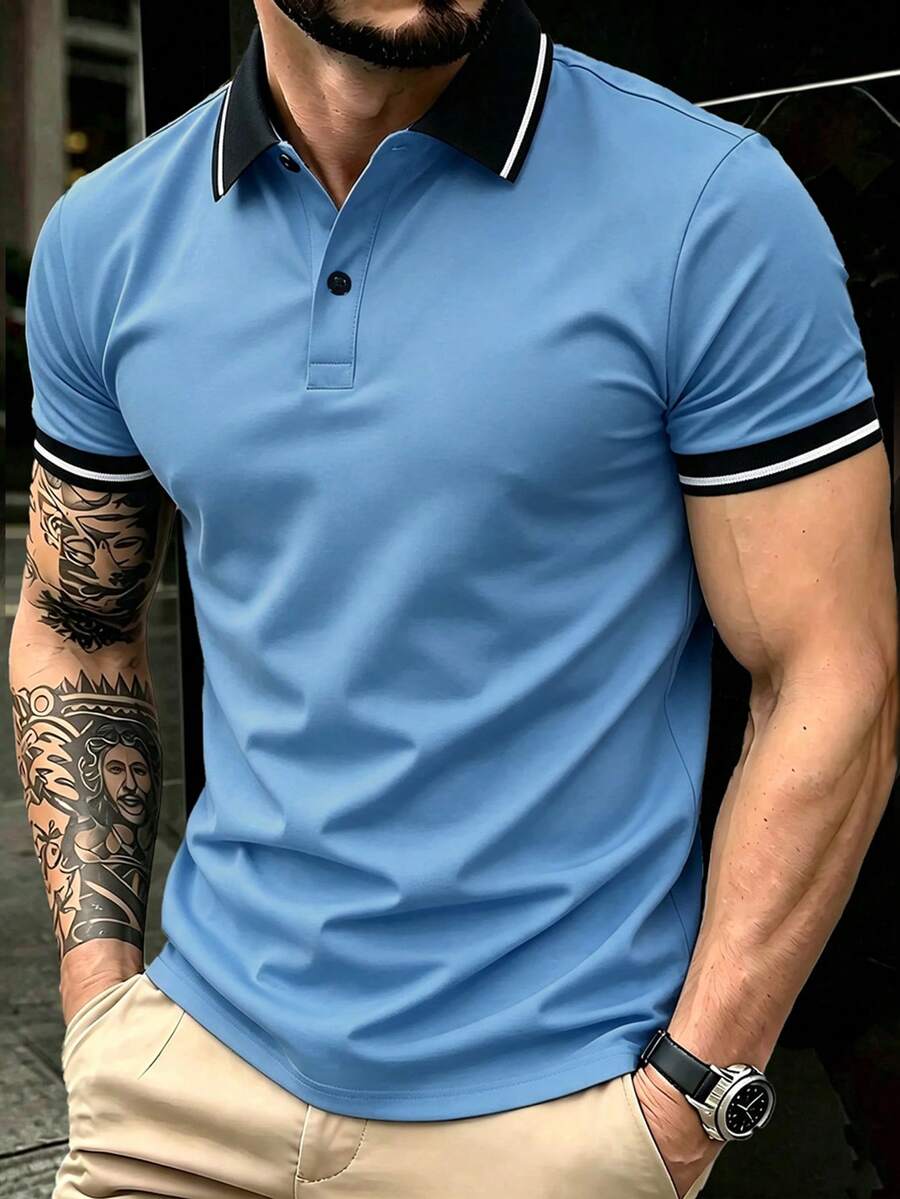 Manfinity Homme Camisa polo de manga corta con media tapeta de botones y bloques de color a rayas para hombre - Azul - Ver 1