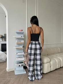 少女蕾丝拼接吊带背心和格子阔腿裤休闲家居服套装 - 黑色 - 查看 2