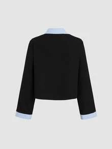 Sweetra Women's Sweet Elegant Commute Preppy Style Striped Patchwork 2 In 1 Jacket - Black - View 2