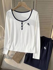 SHEIN EZwear 大尺碼女款馬術印花長袖上衣與長褲休閒日常兩件套 秋季 - 藍白色 - 查看 5