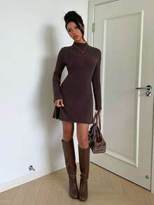 Aloruh Women's Autumn/Winter New Ribbed Dark Brown A-Line Long Sleeve Sweater Dress Work Everyday Daily Casual - Brown - View 6