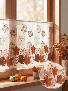 1Pc Mesh Yarn Multi-Color Maple Leaf Embroidered Small Curtains, Partition Coffee Curtains, Wear Rods To Hang Thanksgiving & Harvest Festival Decorative Curtains - Multicolor - View 1
