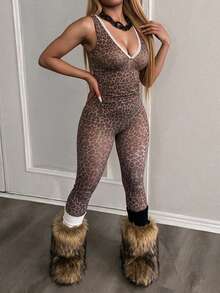 Glyssa Women's V-Neck Leopard Print Top And Leggings Casual Daily Set - Coffee Brown - View 3