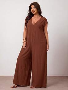 Enliva Plus Size Black Cotton Jumpsuit With Loose V-Neck And Pockets - Brown - View 6