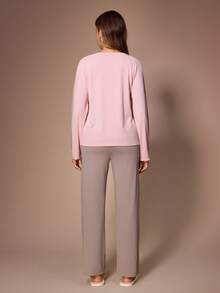 Lazeform Women's Casual Ribbed Colorblock Patchwork Raglan Sleeve Patch Decor Long Sleeve Long Pants Loungewear Set - Multicolor - View 2