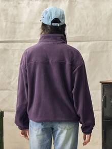 Norleigh Men Quarter Zipper Front Patched Flannelette Loose Sweatshirt, For Fall Winter, Long Sleeve Top - Violet Purple - View 3