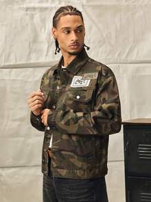 Norleigh Manfinity EMRG Men's Long Sleeve College Style Urban Street Fashion Camouflage Loose Denim Jacket , Fall - Army Green - View 5