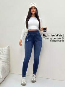 Flexra 女款時尚百搭高腰彈性修身牛仔褲 - 藍色 - 查看 4