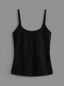 SHEIN BASICS 女款純色極簡基本款保守休閒百搭細肩帶背心，適合度假、海灘、健身房、居家休閒、日常與假日居家穿著，黑色夏季款 - 黑色 - 查看 13