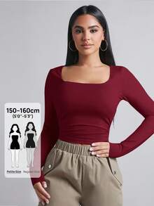 SHEIN PETITE 方領側褶春季T恤，紅色上衣、酒紅色上衣、深紅上衣、波爾多紅上衣、深紅色上衣，方領上衣，適合嬌小女性 - 酒紅色 - 查看 1