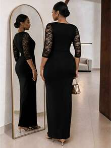 SHEIN Lady CURVE Plus Size Elegant Party Lace Patchwork Fitted Dress - Black - View 2