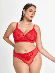 Slumbrini 2pcs Plus Size Lace Patchwork Lingerie Set Red - Red - View 4
