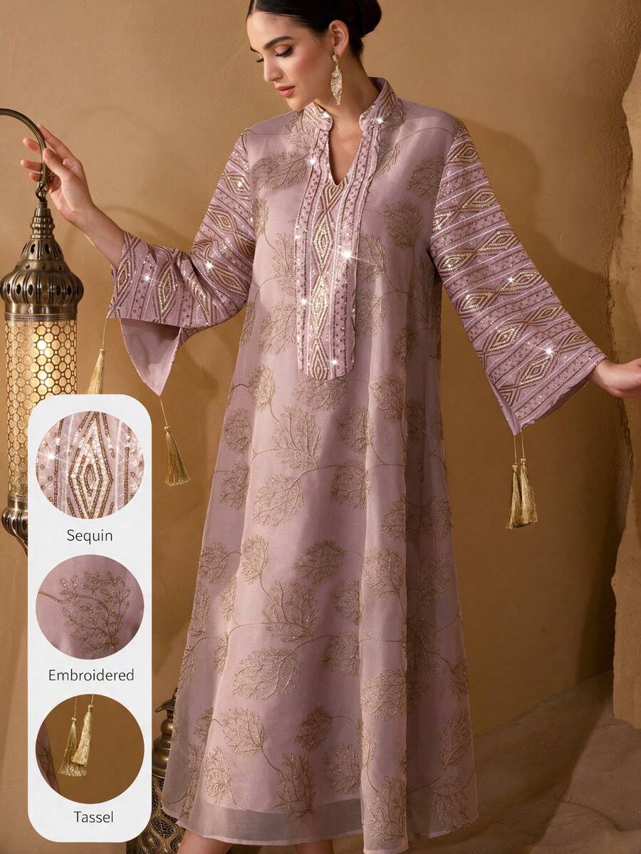 Al Najma 女款優雅工藝布料流蘇裝飾寬鬆長款晨袍 - 粉色 - 查看 1
