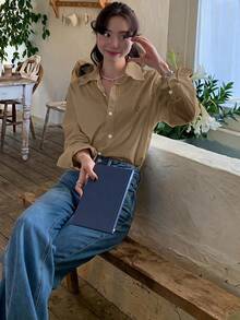 DAZY Casual Versatile Spring/Summer Embroidered Pattern Loose Long Sleeve Collared Women's Shirt Fall - Khaki - View 2