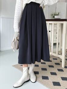 DAZY Rok Wanita Polos Kasual Serbaguna untuk Sehari-hari di Musim Gugur - Navy Blue - View 3