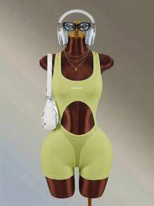 Amplova Solid Color Backless Fitted Sports Romper - Yellow - View 9