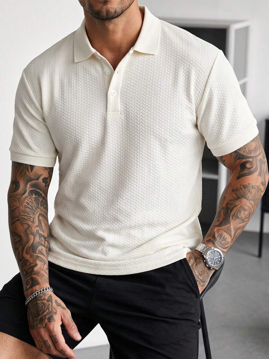 Manfinity Homme 男士純色紋理鈕扣半開襟短袖 Polo 衫 - 白色 - 查看 1