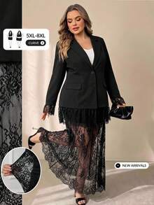 SHEIN CURVE+ 大尺碼簡約休閒商務通勤優雅正式晚宴蕾絲拼接深V領長袖2026夏季22W黑色 - 黑色 - 查看 7