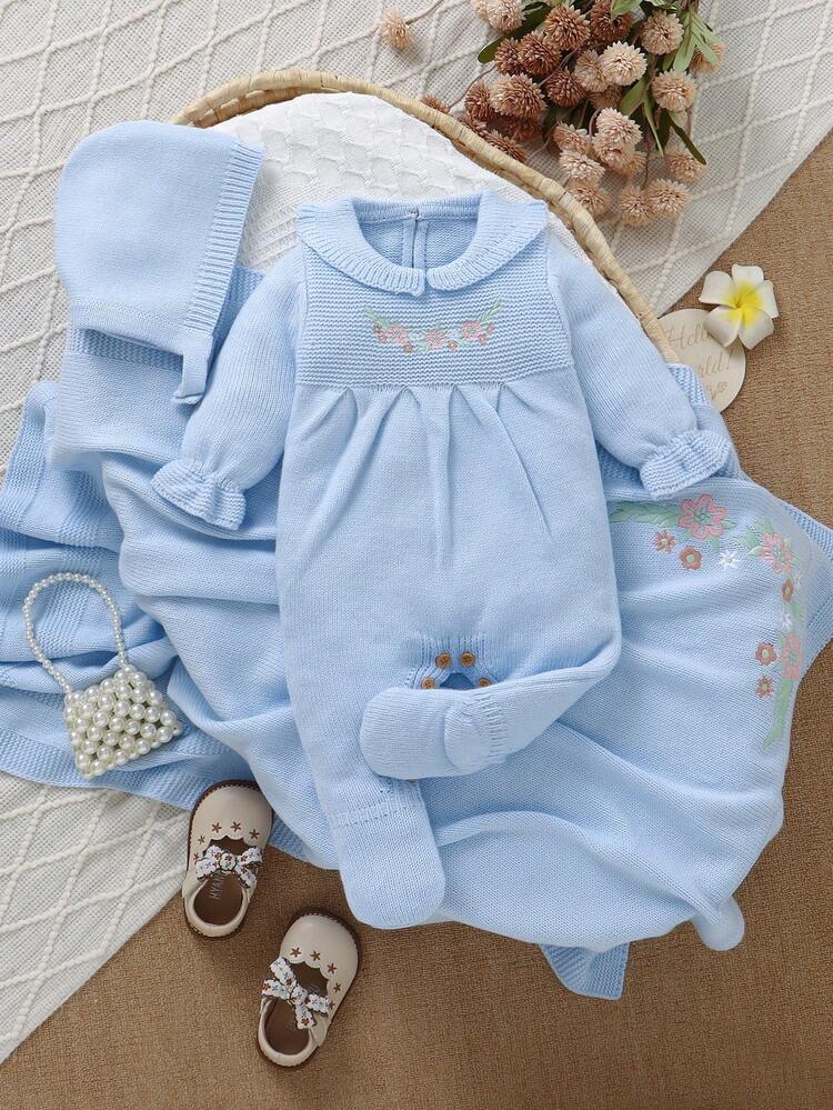 SHEIN Pink Baby Sweater Jumpsuit, Exquisite Embroidered Peter Pan Collar, Footed Jumpsuit 3 Pieces Set, Hat + Knitted Blanket, Newborn Outfit - Baby Blue - View 8