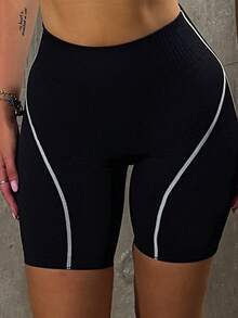hollyjadebate 1pc Women's Ribbed Contrast Color Waistband Basic Running, Fitness, Exercise, Cycling Sports Shorts Workout Weight Loss - Black and White - View 7