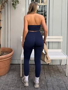 hollyjadebate Women's Solid Color Minimalist Daily Halter Top And Pants Sports Suit Workout Set Summer - Navy Blue - View 2